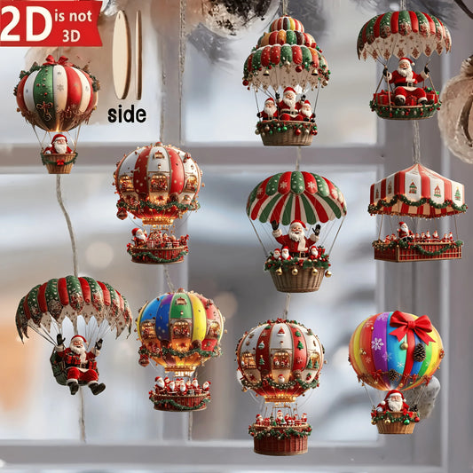 Wooden Hot Air Balloon Santa Claus Ornaments 10 pcs – 2D Flat Christmas Tree Hanging Decorations & Holiday Gift Set