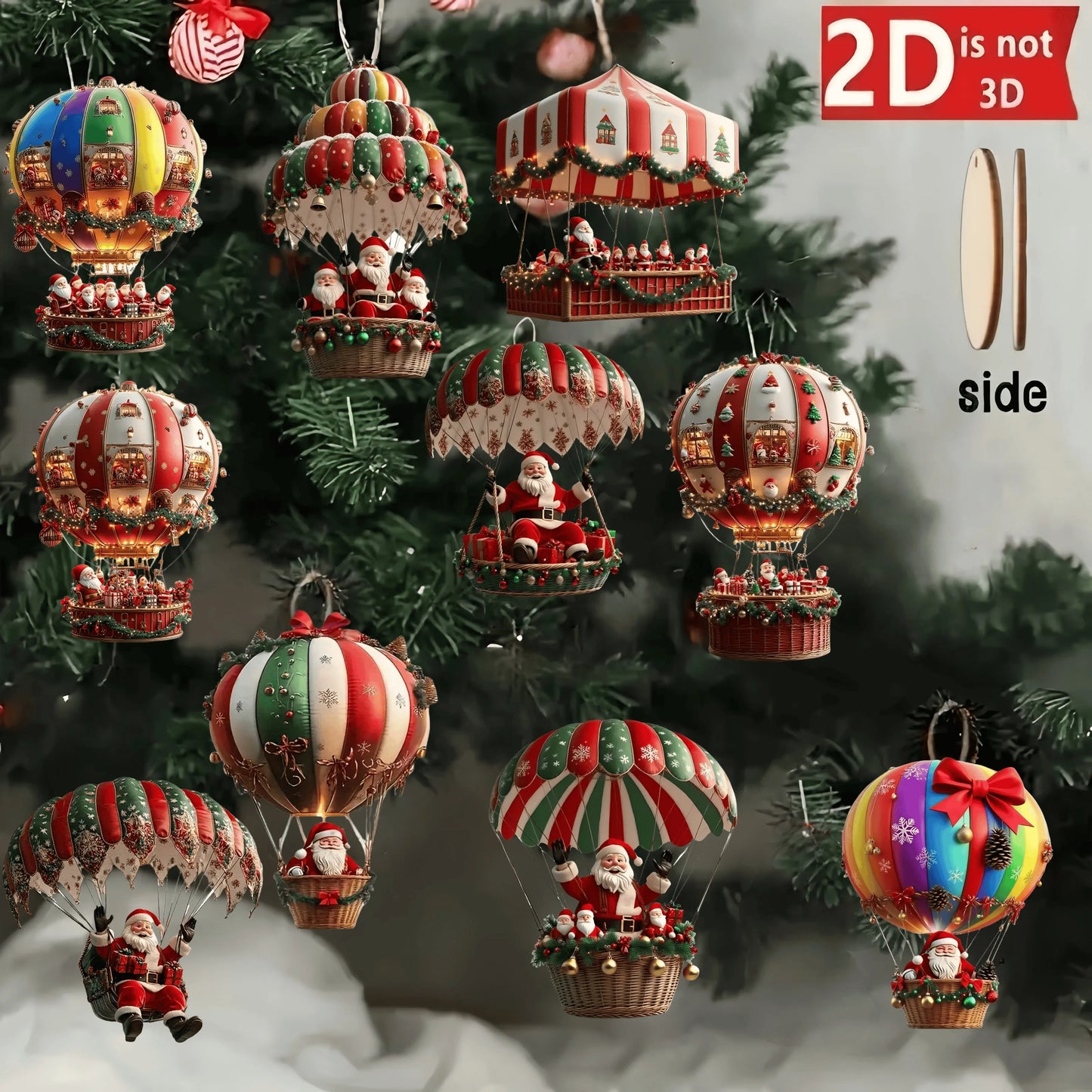 Wooden Hot Air Balloon Santa Claus Ornaments 10 pcs – 2D Flat Christmas Tree Hanging Decorations & Holiday Gift Set