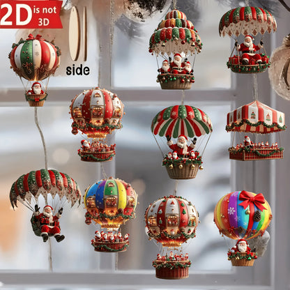 Wooden Hot Air Balloon Santa Claus Ornaments 10 pcs – 2D Flat Christmas Tree Hanging Decorations & Holiday Gift Set