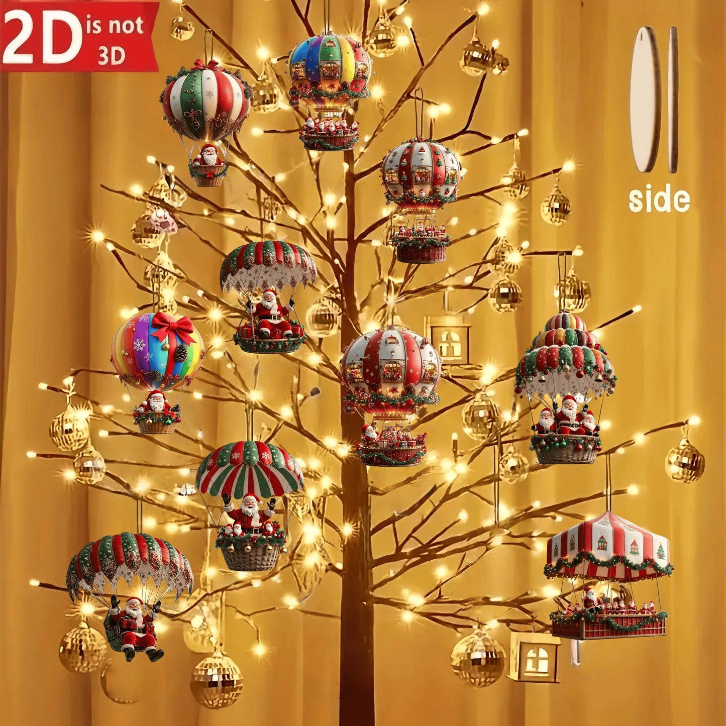 Wooden Hot Air Balloon Santa Claus Ornaments 10 pcs – 2D Flat Christmas Tree Hanging Decorations & Holiday Gift Set