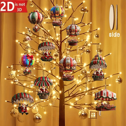 Wooden Hot Air Balloon Santa Claus Ornaments 10 pcs – 2D Flat Christmas Tree Hanging Decorations & Holiday Gift Set