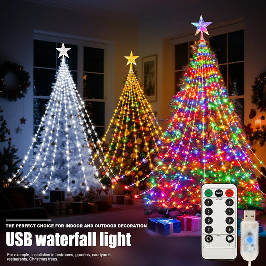 LED Outdoor Christmas Tree Lights – Waterproof Fairy String Lights (USB • 8 Modes • 2–3m)