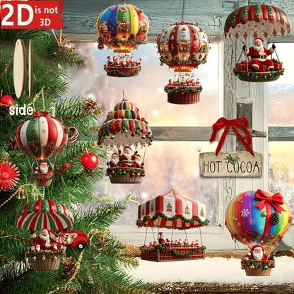 Wooden Hot Air Balloon Santa Claus Ornaments 10 pcs – 2D Flat Christmas Tree Hanging Decorations & Holiday Gift Set