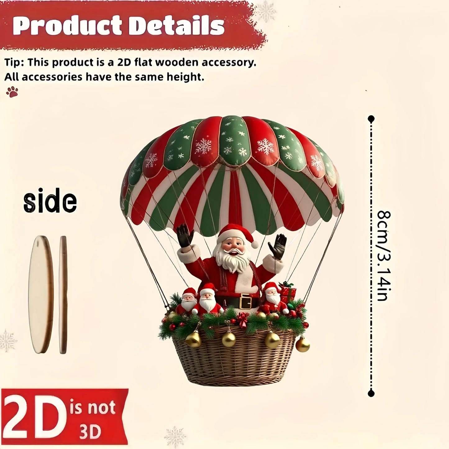 Wooden Hot Air Balloon Santa Claus Ornaments 10 pcs – 2D Flat Christmas Tree Hanging Decorations & Holiday Gift Set