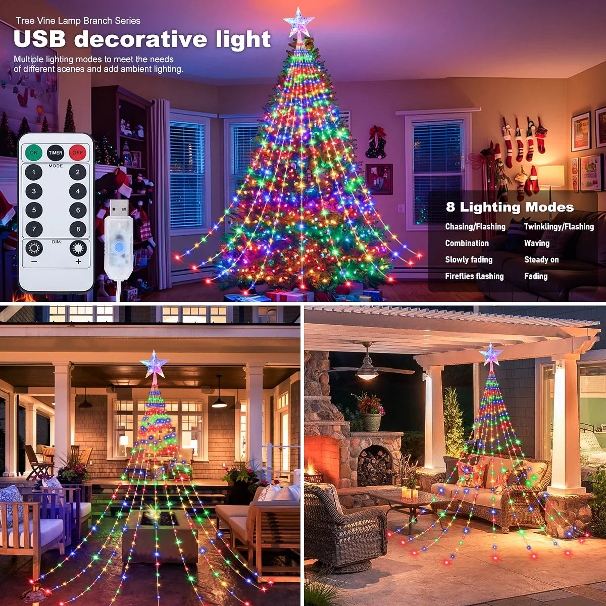 LED Outdoor Christmas Tree Lights – Waterproof Fairy String Lights (USB • 8 Modes • 2–3m)