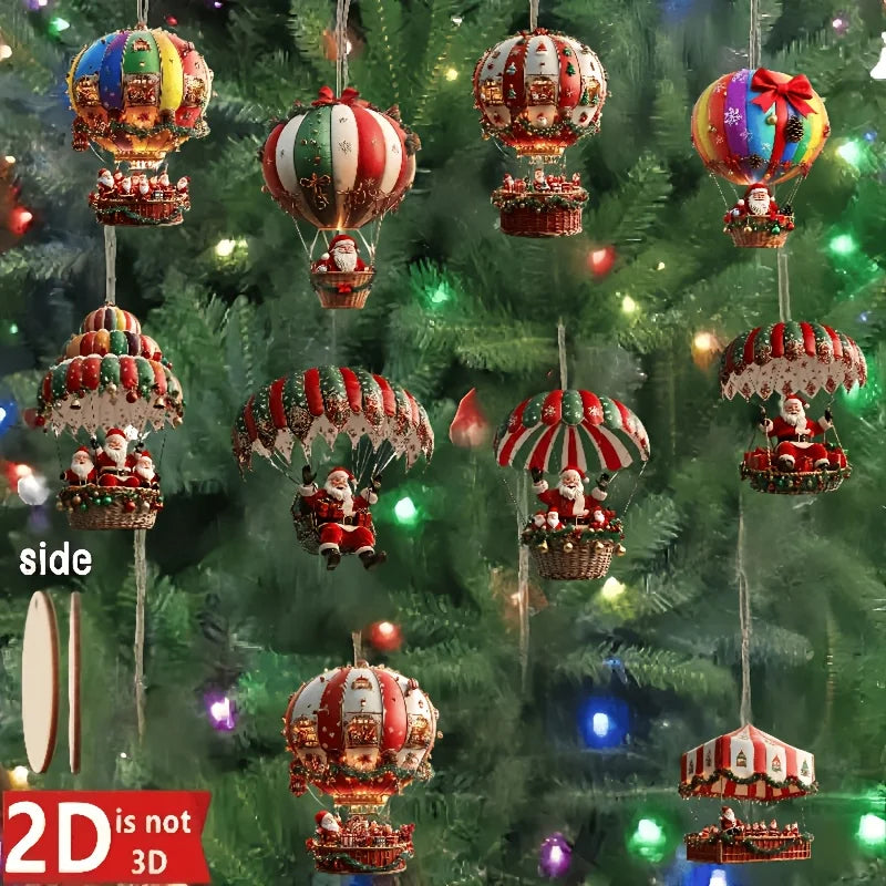 Wooden Hot Air Balloon Santa Claus Ornaments 10 pcs – 2D Flat Christmas Tree Hanging Decorations & Holiday Gift Set