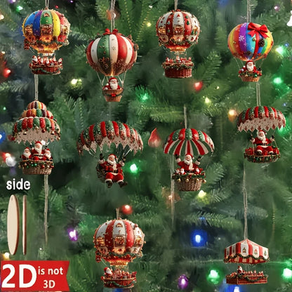 Wooden Hot Air Balloon Santa Claus Ornaments 10 pcs – 2D Flat Christmas Tree Hanging Decorations & Holiday Gift Set